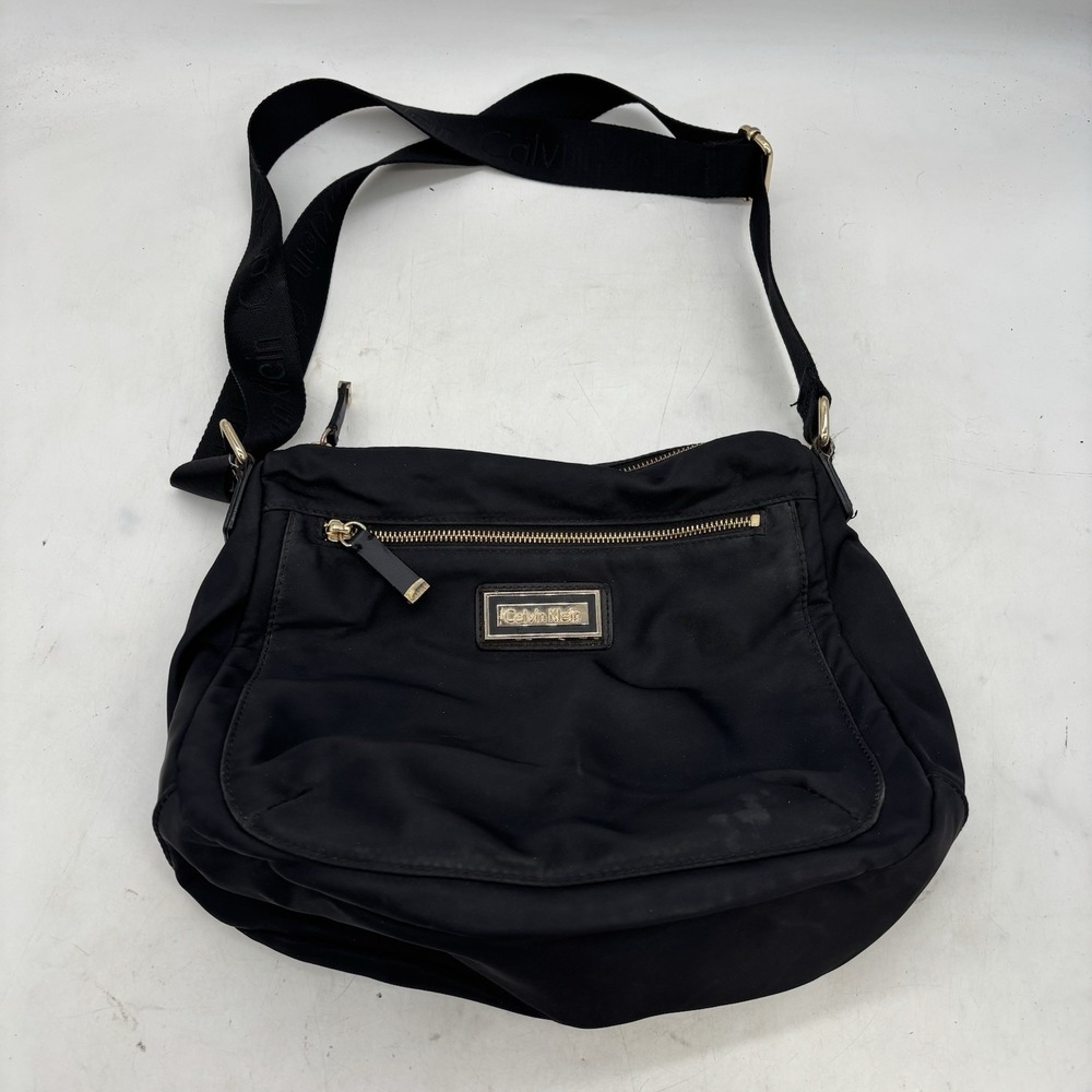 Calvin Klein Nylon Messenger Crossbody Bag with Gold Hardware Black Shoulder